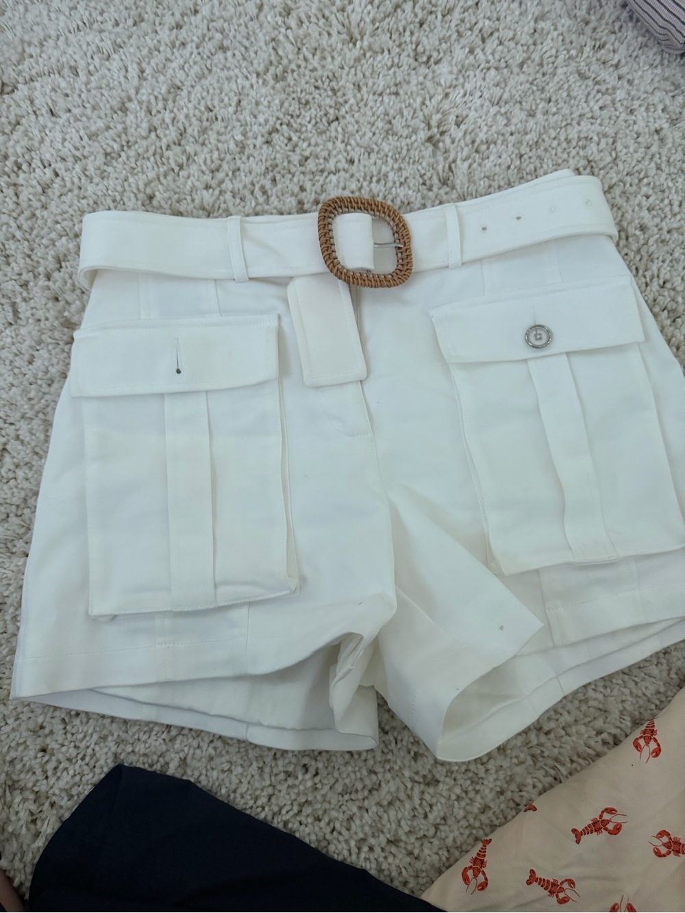 Ramy Brook White High-Rise Cargo Shorts with Woven Buckle Belt